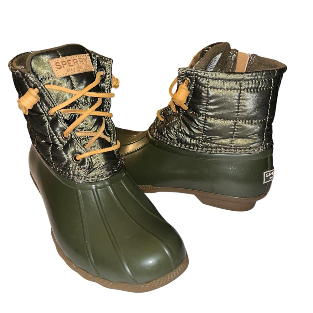 Sperry Saltwater Quilted Duck Boots Olive Green Waterproof Rubber – Women’s 7M